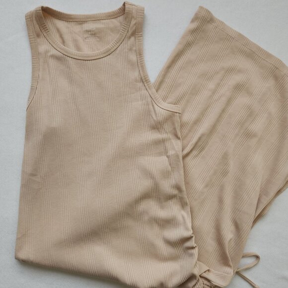 aerie Dresses & Skirts - Aerie Beige Ribbed Ruched Fitted Midi Tank Dress Summer Beach Vacation Sexy Glam